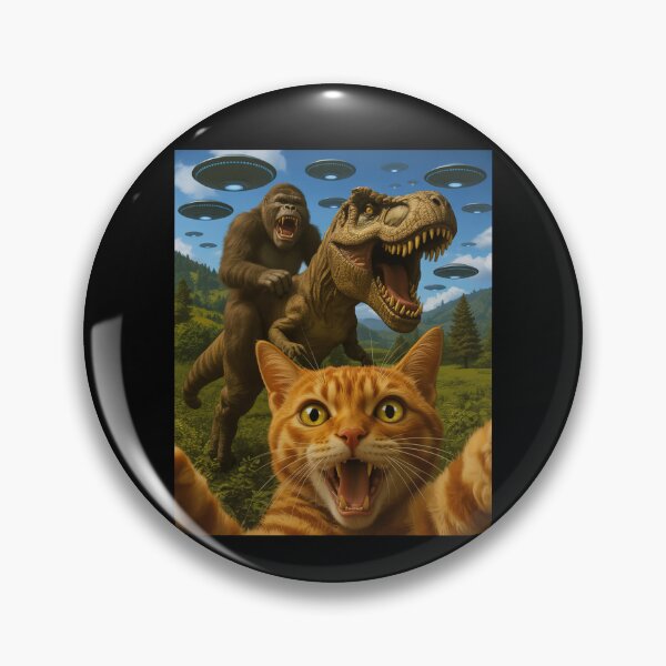 Item preview, Cat Selfie with Bigfoot T-rex and UFOs designed and sold by nosu-art-pod.