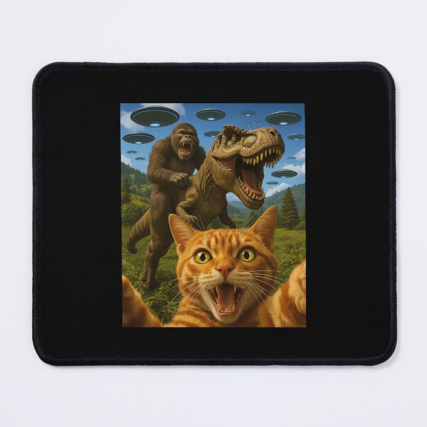 Item preview, Cat Selfie with Bigfoot T-rex and UFOs designed and sold by nosu-art-pod.