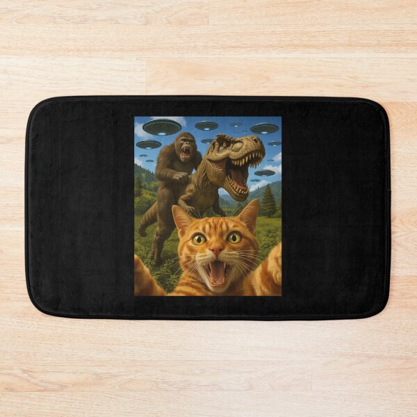 Item preview, Cat Selfie with Bigfoot T-rex and UFOs designed and sold by nosu-art-pod.