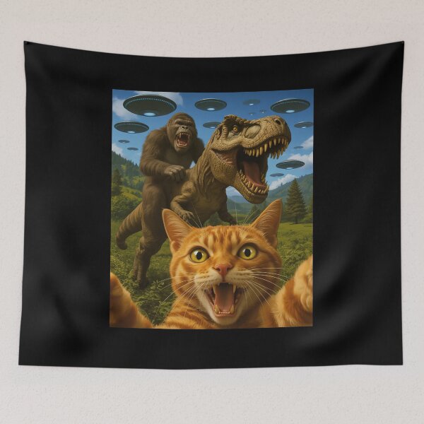 Item preview, Cat Selfie with Bigfoot T-rex and UFOs designed and sold by nosu-art-pod.