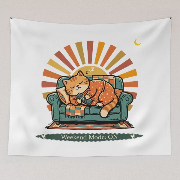 Item preview, Weekend Mode On Lazy Cat | Retro Vintage Couch Tee designed and sold by PrintTycoon.