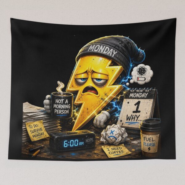 Item preview, Monday Lightning | Funny Coffee Lover Cartoon Sticker | 3D Burnout Mascot designed and sold by Timeless Junction.
