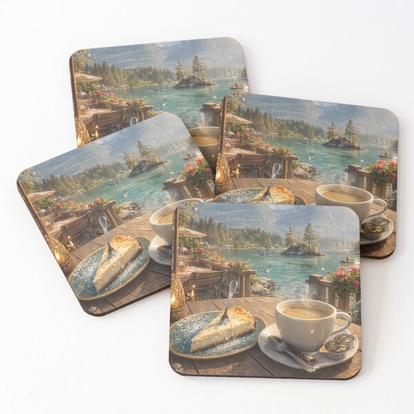 Item preview, Alpine Lakeside Coffee & Cheesecake Escape – Mountain View Café Serenity Wall Art designed and sold by Hookesmode.