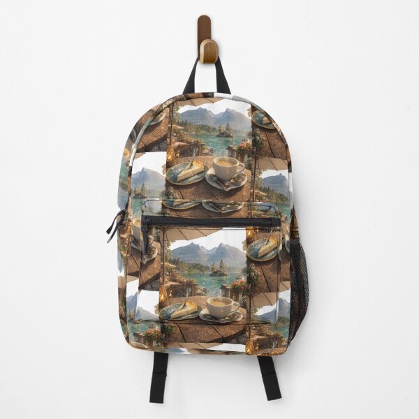 Item preview, Alpine Lakeside Coffee & Cheesecake Escape – Mountain View Café Serenity Wall Art designed and sold by Hookesmode.