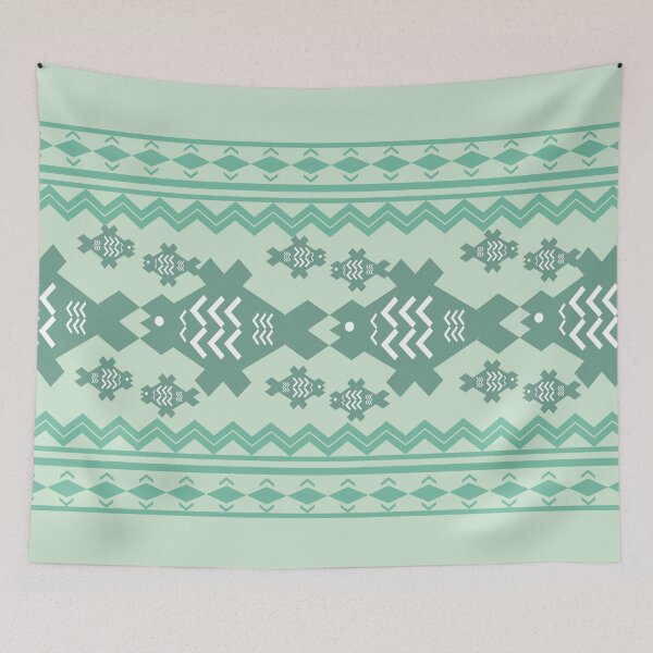 Item preview, Tribal Fish Geometric Seamless Border Pattern in Soft Green and Mint Colors designed and sold by EiArtist.