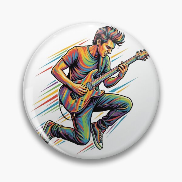 Item preview, Dynamic rock guitarist jumping with electric guitar, colorful pop art vector illustration designed and sold by YasminTaha.