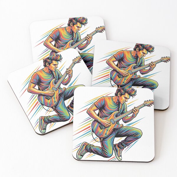 Item preview, Dynamic rock guitarist jumping with electric guitar, colorful pop art vector illustration designed and sold by YasminTaha.