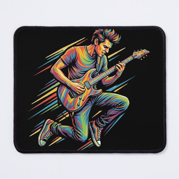 Item preview, Dynamic rock guitarist jumping with electric guitar, colorful pop art vector illustration designed and sold by YasminTaha.