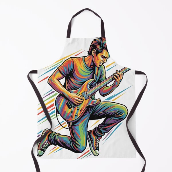 Item preview, Dynamic rock guitarist jumping with electric guitar, colorful pop art vector illustration designed and sold by YasminTaha.