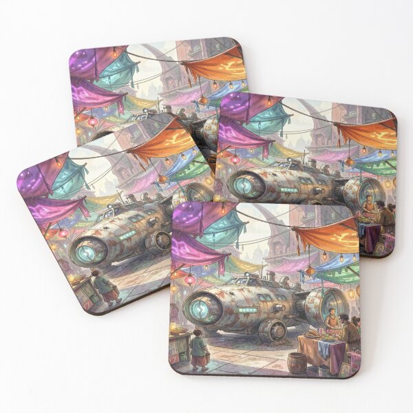Item preview, Weathered sci-fi spaceship on a vibrant alien marketplace full of color, light, and movement designed and sold by FotoworldEdel.