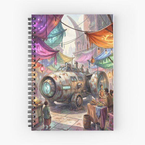 Item preview, Weathered sci-fi spaceship on a vibrant alien marketplace full of color, light, and movement designed and sold by FotoworldEdel.