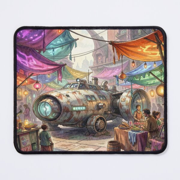 Item preview, Weathered sci-fi spaceship on a vibrant alien marketplace full of color, light, and movement designed and sold by FotoworldEdel.