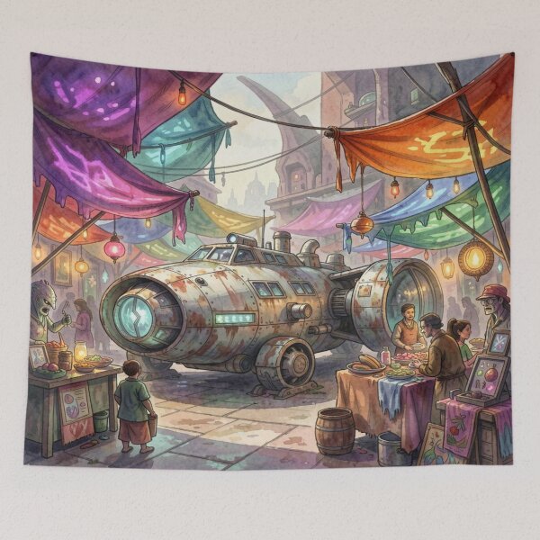 Item preview, Weathered sci-fi spaceship on a vibrant alien marketplace full of color, light, and movement designed and sold by FotoworldEdel.