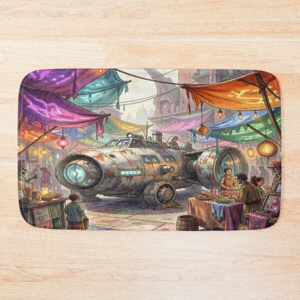 Item preview, Weathered sci-fi spaceship on a vibrant alien marketplace full of color, light, and movement designed and sold by FotoworldEdel.