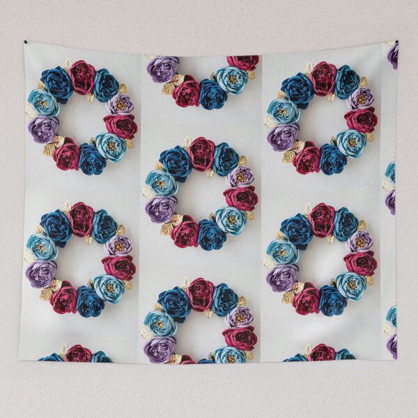 Item preview, Blue Pink Floral Wreath with Gold Leaves | Elegant Botanical Circle Frame designed and sold by GalleryPeak.