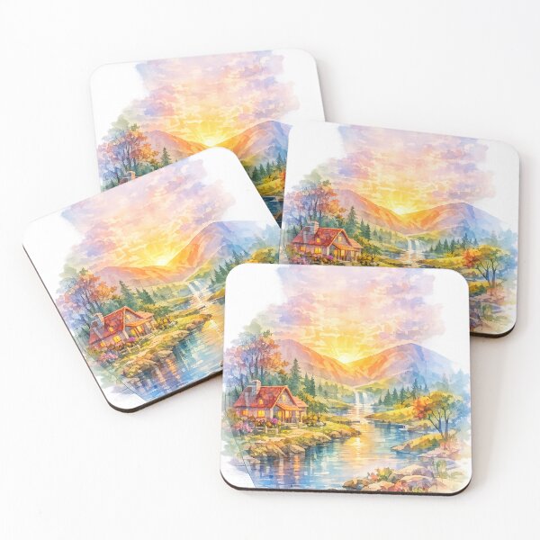 Item preview, Watercolor Mountain River Cottage Landscape Art Print for Nature Lovers designed and sold by Hookesmode.