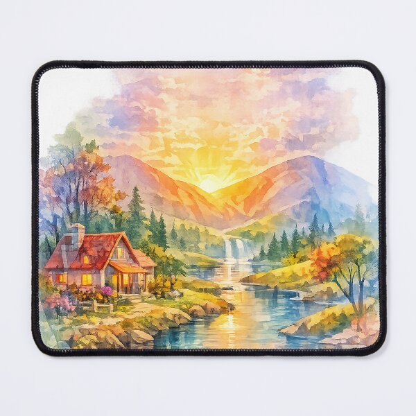 Item preview, Watercolor Mountain River Cottage Landscape Art Print for Nature Lovers designed and sold by Hookesmode.