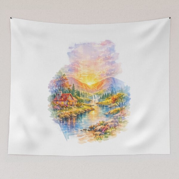 Item preview, Watercolor Mountain River Cottage Landscape Art Print for Nature Lovers designed and sold by Hookesmode.