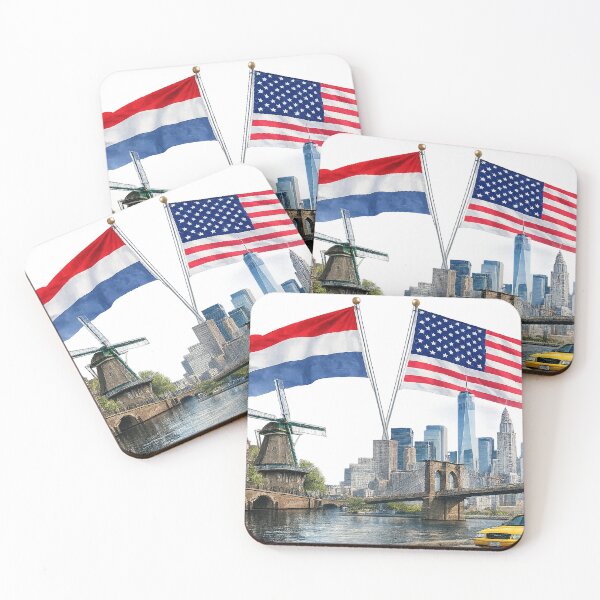 Item preview, Netherlands Meets America – Amsterdam & New York Skyline Heritage Wall Art Print designed and sold by Hookesmode.