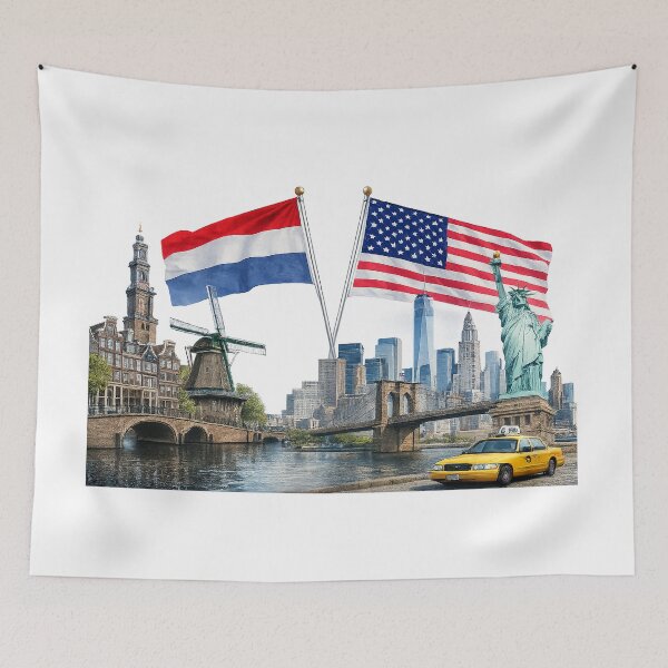Item preview, Netherlands Meets America – Amsterdam & New York Skyline Heritage Wall Art Print designed and sold by Hookesmode.