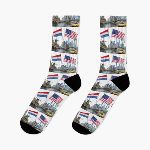 Item preview, Netherlands Meets America – Amsterdam & New York Skyline Heritage Wall Art Print designed and sold by Hookesmode.