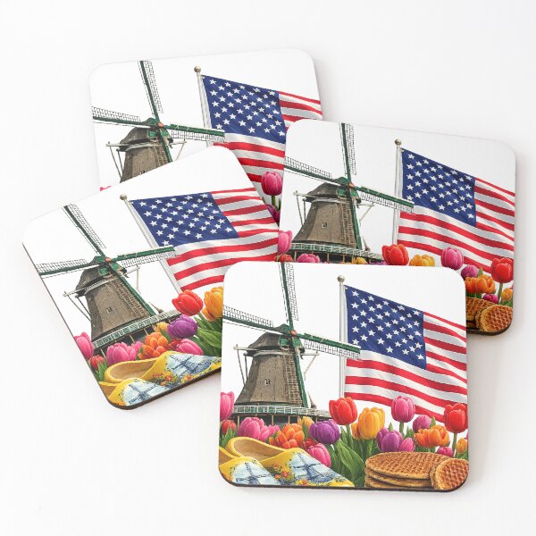 Item preview, Dutch American Heritage – Tulips, Windmill & USA Flag Wall Art Print designed and sold by Hookesmode.