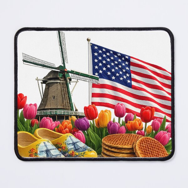 Item preview, Dutch American Heritage – Tulips, Windmill & USA Flag Wall Art Print designed and sold by Hookesmode.