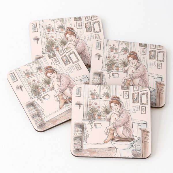 Item preview, Cozy Bathroom Aesthetic - Cute Girl on Toilet Vintage Watercolor Art designed and sold by KINKDesign.