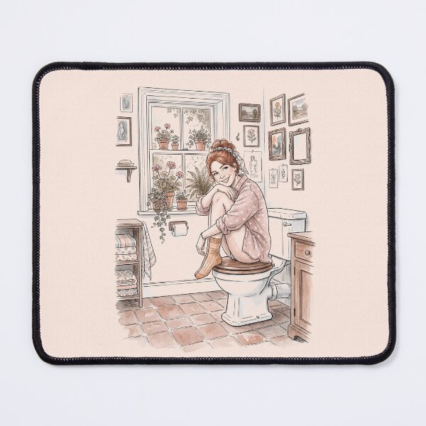 Item preview, Cozy Bathroom Aesthetic - Cute Girl on Toilet Vintage Watercolor Art designed and sold by KINKDesign.