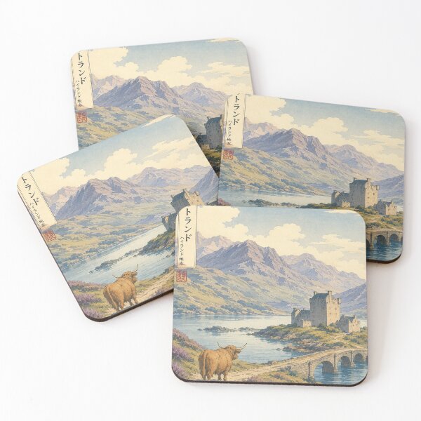Item preview, Scottish Highlands Ukiyo-e Art Print | Highland Cow and Castle Landscape | Japanese Woodblock Style designed and sold by Vandy Fullam.