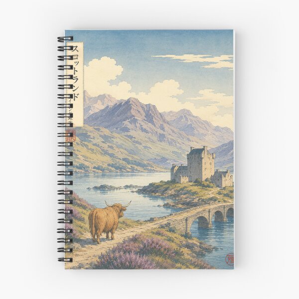 Item preview, Scottish Highlands Ukiyo-e Art Print | Highland Cow and Castle Landscape | Japanese Woodblock Style designed and sold by Vandy Fullam.