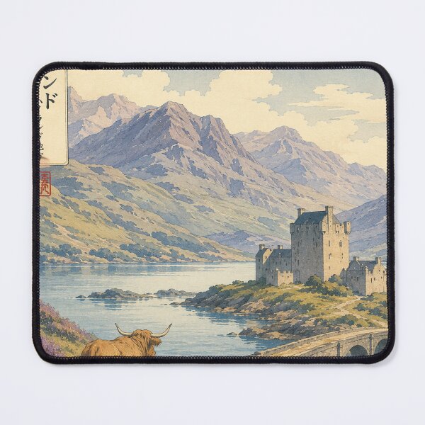 Item preview, Scottish Highlands Ukiyo-e Art Print | Highland Cow and Castle Landscape | Japanese Woodblock Style designed and sold by Vandy Fullam.
