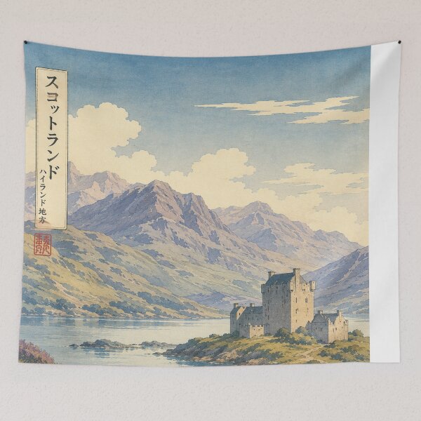 Item preview, Scottish Highlands Ukiyo-e Art Print | Highland Cow and Castle Landscape | Japanese Woodblock Style designed and sold by Vandy Fullam.