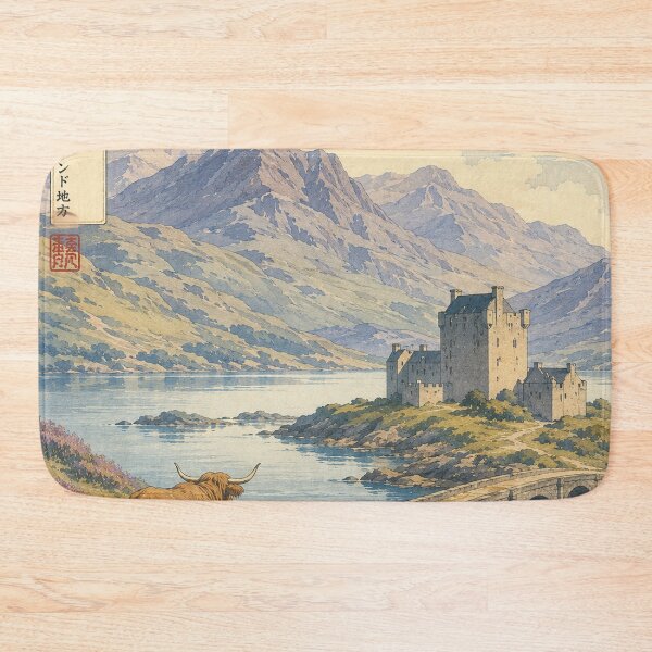 Item preview, Scottish Highlands Ukiyo-e Art Print | Highland Cow and Castle Landscape | Japanese Woodblock Style designed and sold by Vandy Fullam.