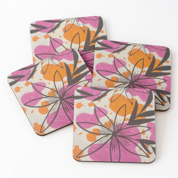 Item preview, Fine line botanical floral on pink and orange watercolor splashes designed and sold by Aurore_art.