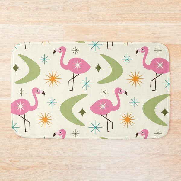 Item preview, Mid Century Flamingo with sage green Boomerangs and starbursts pattern  designed and sold by Yasminepatterns .