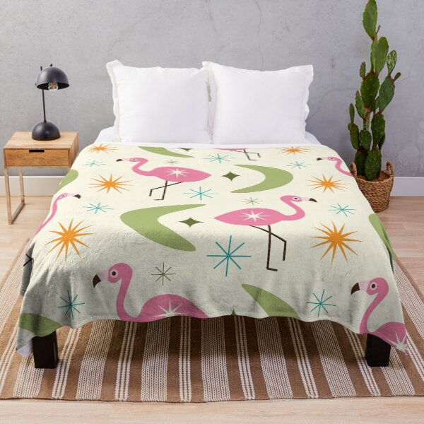 Item preview, Mid Century Flamingo with sage green Boomerangs and starbursts pattern  designed and sold by Yasminepatterns .