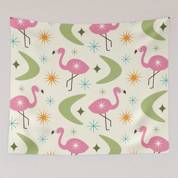 Item preview, Mid Century Flamingo with sage green Boomerangs and starbursts pattern  designed and sold by Yasminepatterns .