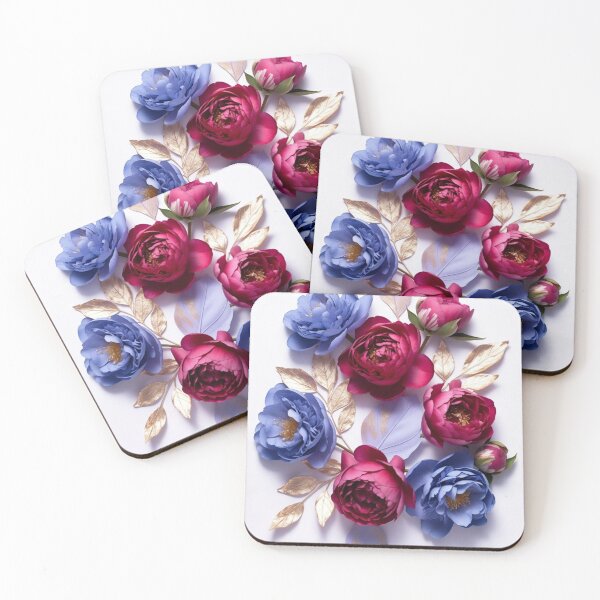 Item preview, Elegant Peony Floral Composition | Blue and Magenta Botanical Art with Gold Leaves designed and sold by GalleryPeak.
