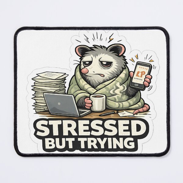 Item preview, Stressed But Trying Funny Opossum Burnout Meme designed and sold by DryHumorPrints.