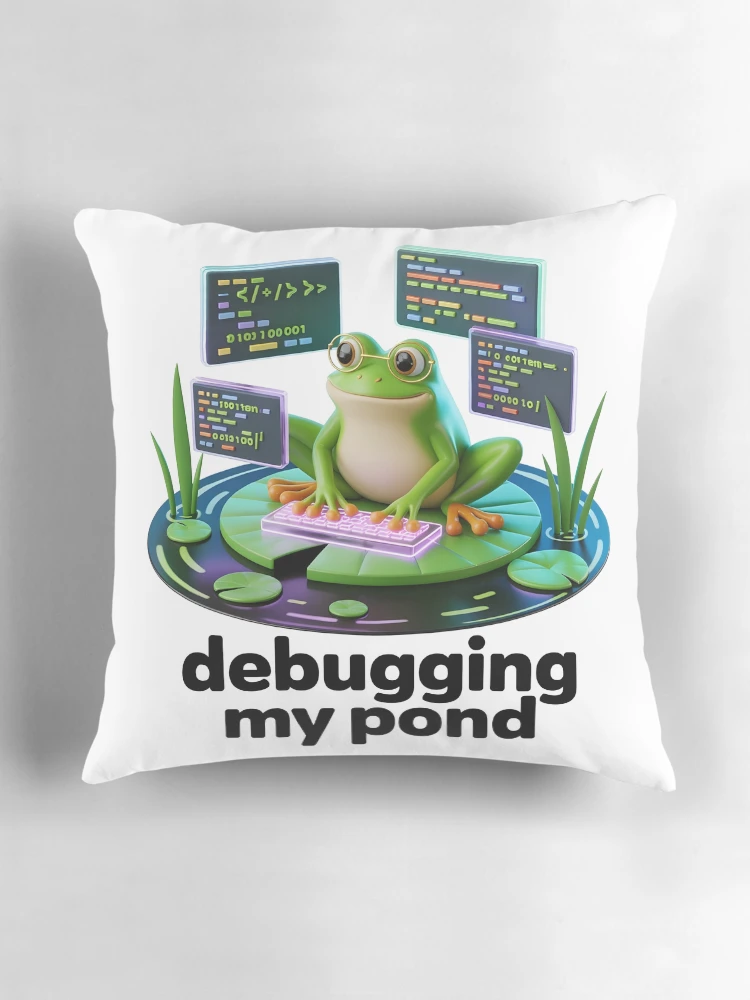 Thumbnail 3 of 4, Pillow, Frog Programmer Debugging My Pond Cute Coding Humor Design designed and sold by RBToper.