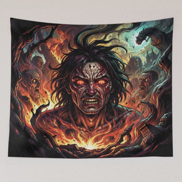 Item preview, A dark fantasy scene with a fiery creature, menacing figures, and epic, dramatic energy. designed and sold by FotoworldEdel.
