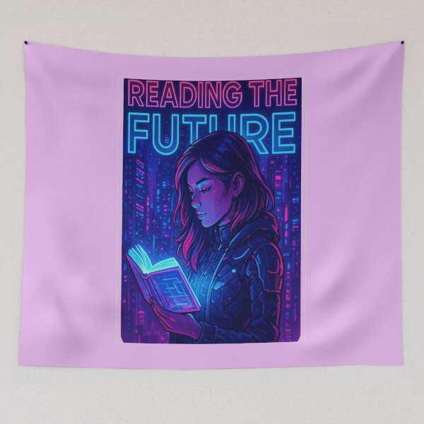 Item preview, Reading The Future | Cyberpunk Girl Reading Hologram Book designed and sold by BookedAndDesign.