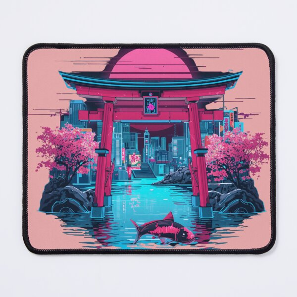 Item preview, Neon Torii Gate Koi Fish - Vaporwave Japanese Cyberpunk Cherry Blossom designed and sold by kummo-0319.