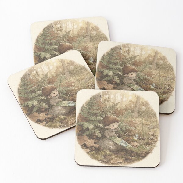 Item preview, Acorn Cap Sprite Fishing in a Dewdrop Storybook Art designed and sold by PictorialWhimsy.