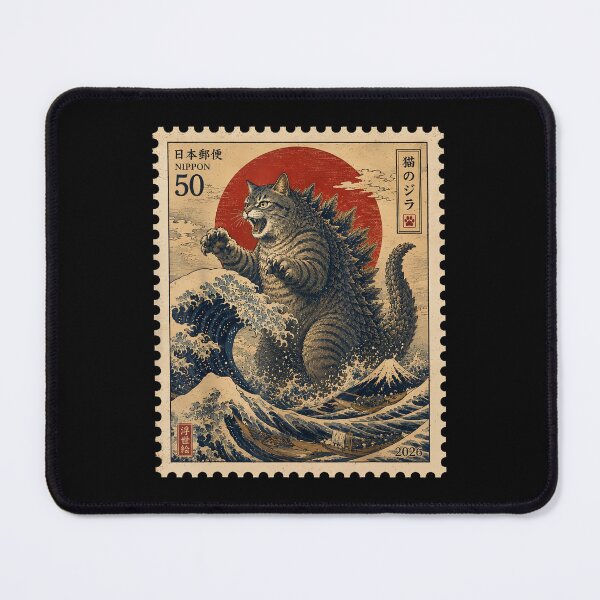 Item preview, Catzilla Great Wave Japanese Stamp Cat Kaiju Vintage Ukiyo-e Lover designed and sold by phoebelevine.