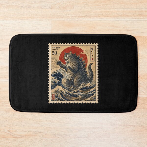 Item preview, Catzilla Great Wave Japanese Stamp Cat Kaiju Vintage Ukiyo-e Lover designed and sold by phoebelevine.