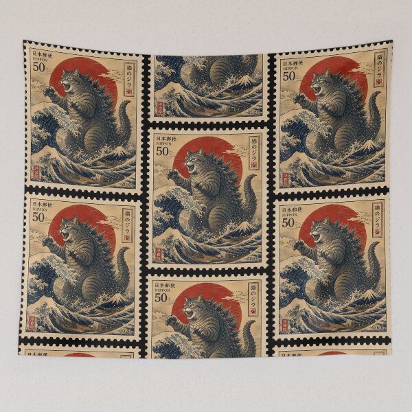 Item preview, Catzilla Great Wave Japanese Stamp Cat Kaiju Vintage Ukiyo-e Lover designed and sold by phoebelevine.