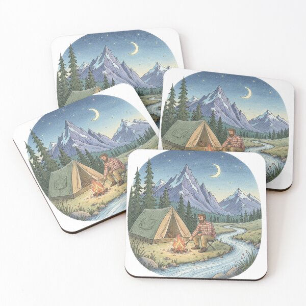 Item preview, Camping with tent and campfire by the mountain river with moon and forest designed and sold by Inselbewohner.
