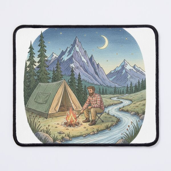Item preview, Camping with tent and campfire by the mountain river with moon and forest designed and sold by Inselbewohner.